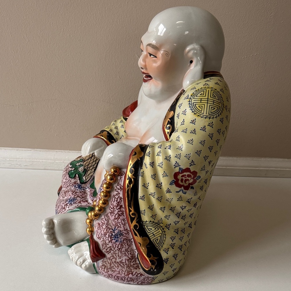 Vintage Hand-Painted Porcelain Laughing Buddha Statue in White and Multicolor - Picture 2 of 14